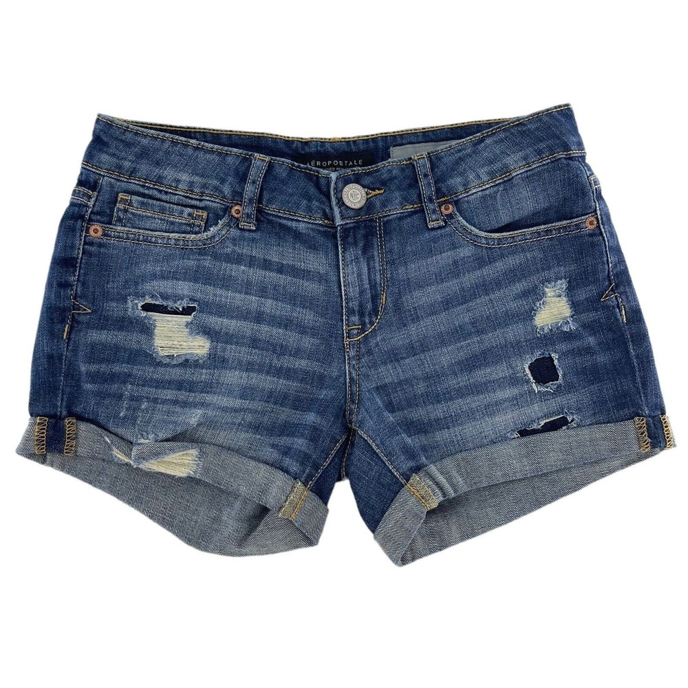 Aeropostale Womens Midi Cuffed Distressed Denim Blue Jean Shorts Size 2